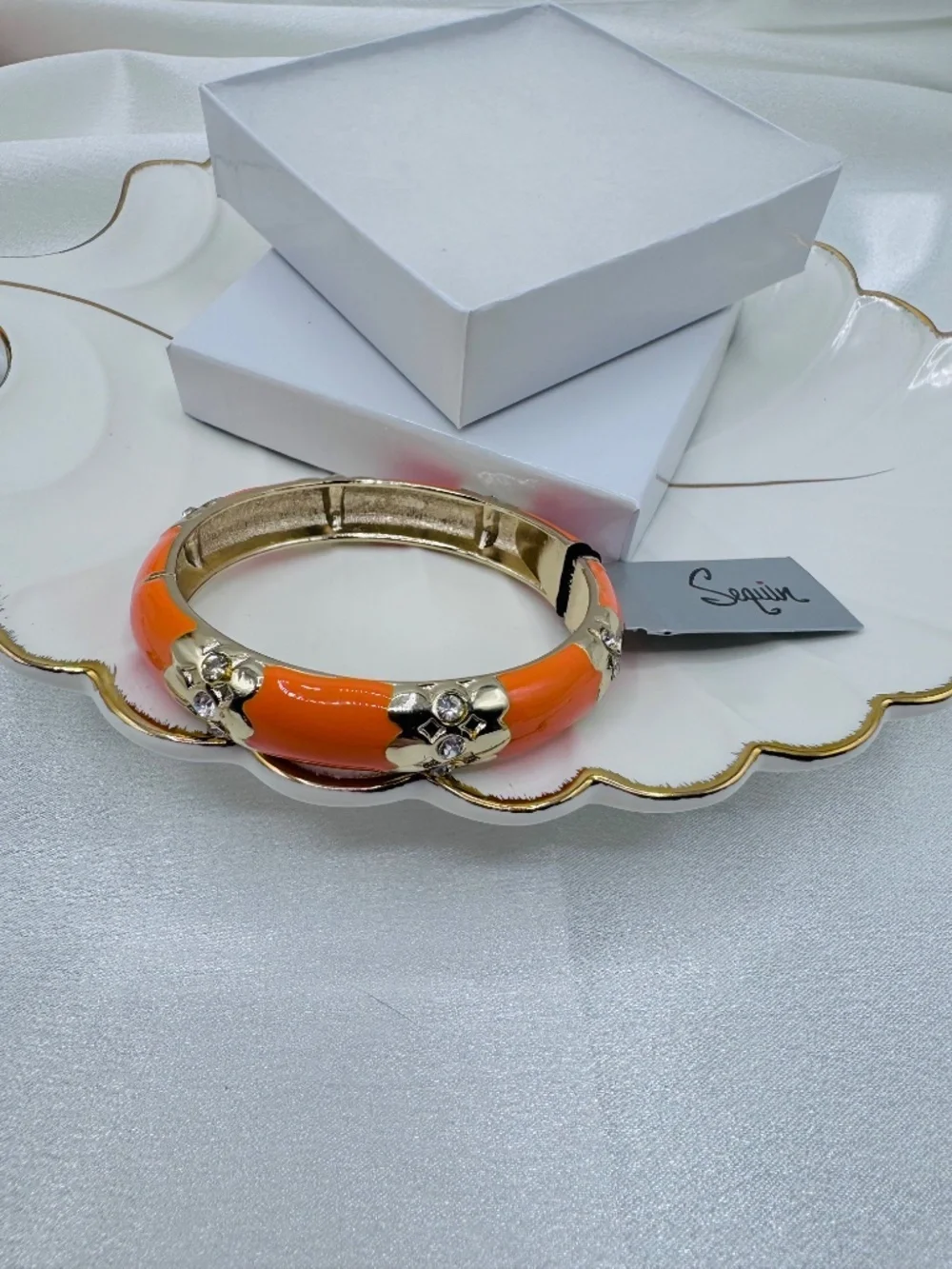 Orange Enamel Gold Tone Crystal Floral Hinged Bangle Bracelet
